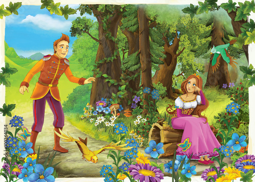 Fototapeta Naklejka Na Ścianę i Meble -  Prince and princes in the forest - romantic scene - illustration for the children