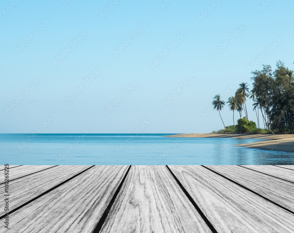 Wood Terrace on The Beach with Clear Sky and Blue Sea with Copy Space to input Text used as Template