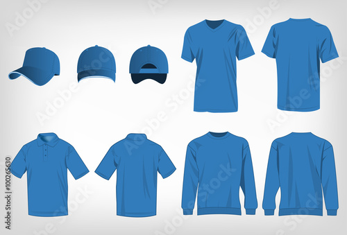 Sport light blue t-shirt, sweater, polo shirt and baseball cap isolated set vector