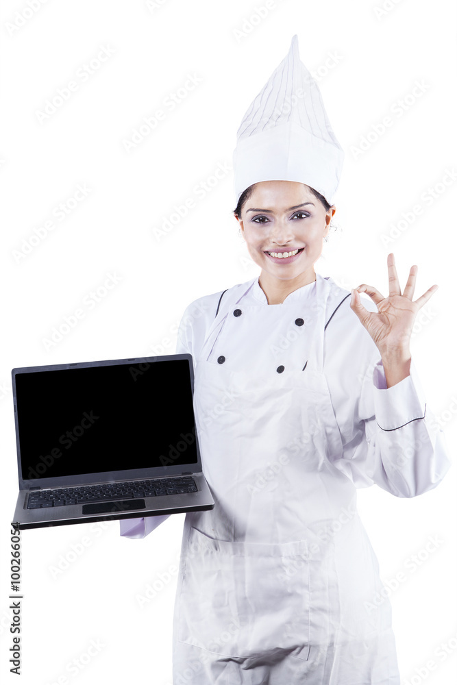 Chef Woman Showing Laptop Computer Chef Woman Showing Laptop Computer