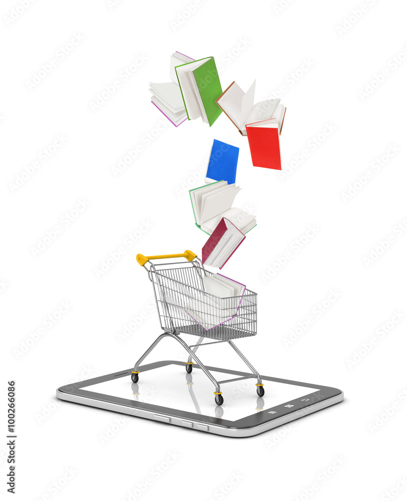 books falls into shopping cart isolated on white