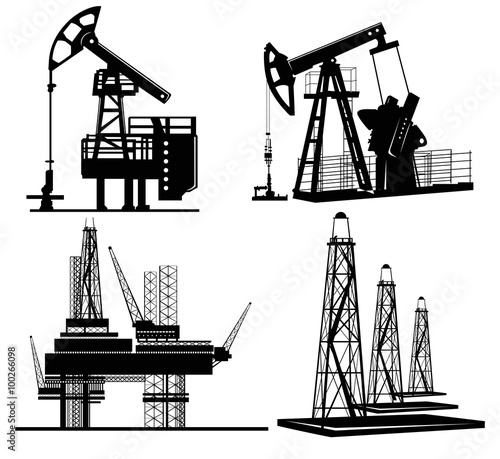 oil derrick and gas rig silhouettes on white