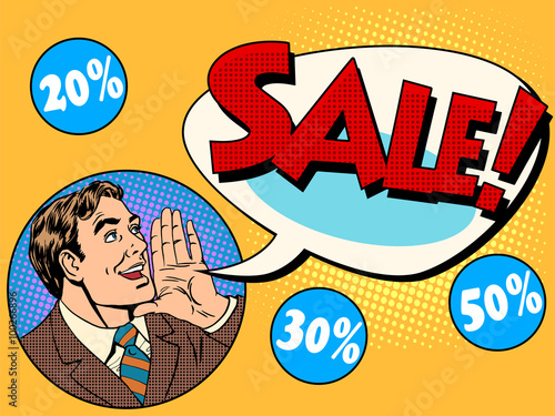 The man announces sale and discounts