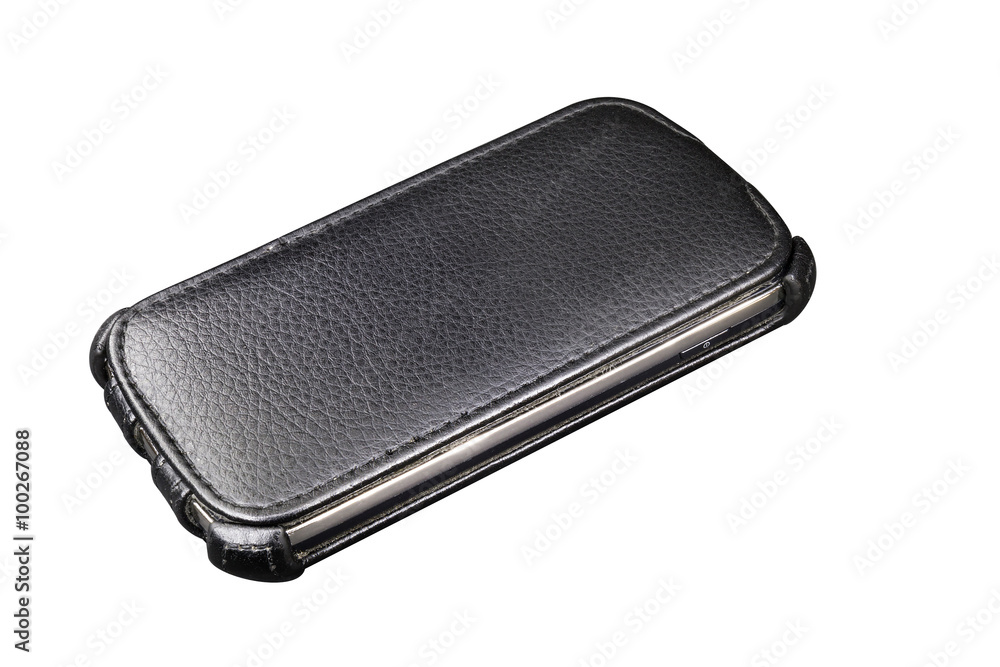 Smartphone in black leather case on a white background Smartphone in black leather case on a white background