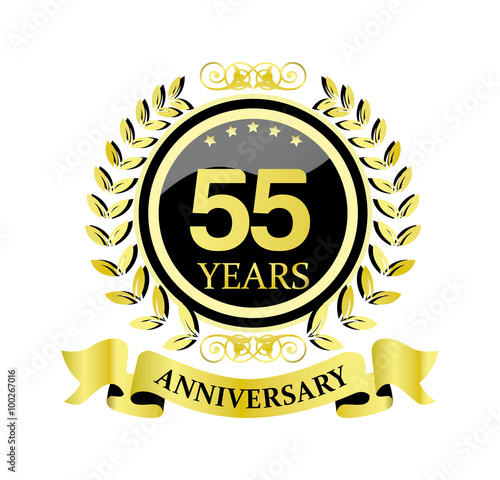 55 anniversary with glossy golden wreath and ribbon 