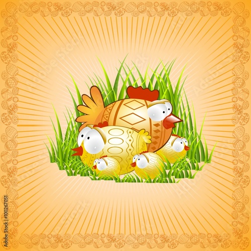 easter bckground with cartoon chicken hen on grass photo