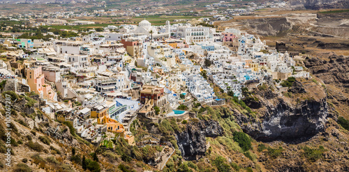 Panoramic shot of houses and villas at village on Santorini isla