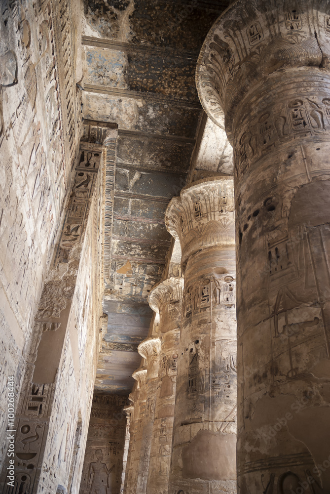 Colonnade of the temple with hieroglyphics color in Egypt Colonnade of the temple with hieroglyphics color in Egypt