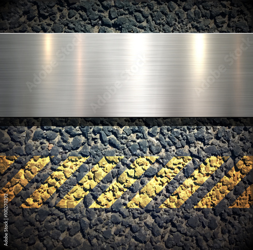 Background with metallic banner over asphalt vector texture