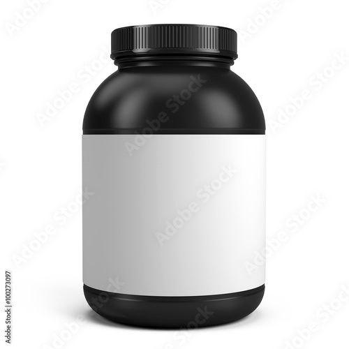 Can of protein or gainer powder with blank label isolated on white background