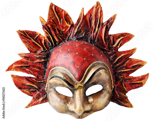 Interior and carnaval mask embodying the element of fire, isolated on white background