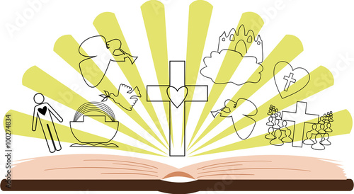 open Bible with different pictures and rays