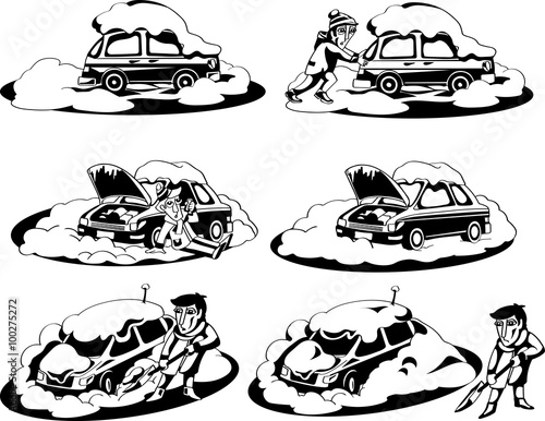 Broken, stuck car, winter, illustration, black and white, graphic, isolated, design elements