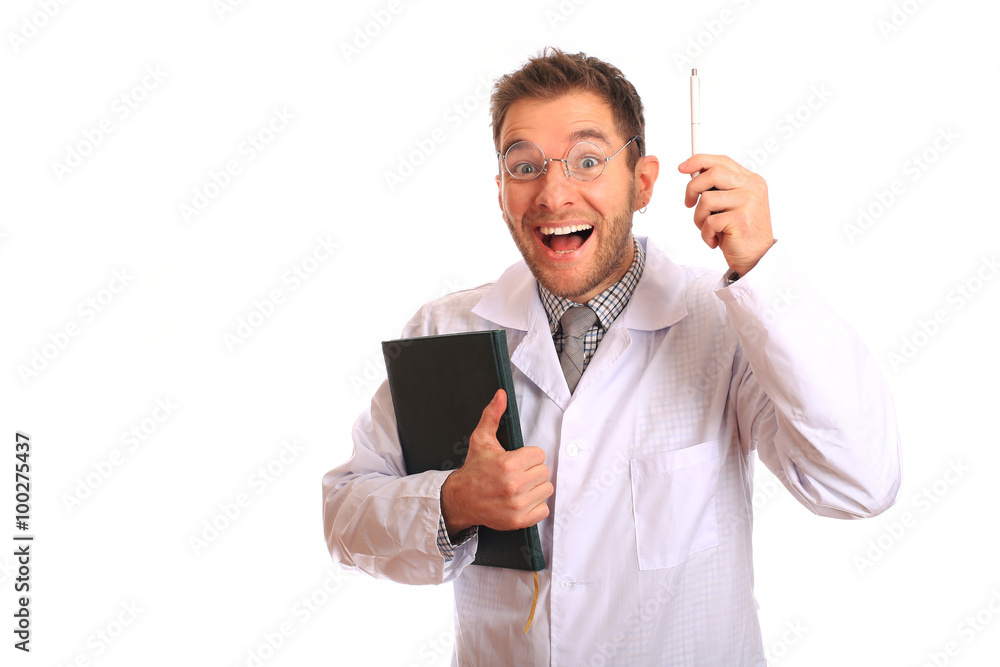 Funny joyful young doctor in glasses on white background Funny joyful young doctor in glasses on white background