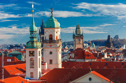 Canvas Print Aerial view over Old Town in Prague with domes of churches, Bell tower of the Ol