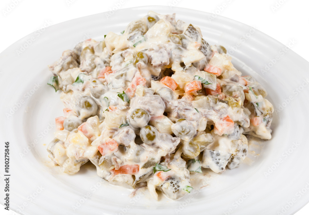 olivier russian salad with mayonnaise on plate olivier russian salad with mayonnaise on plate