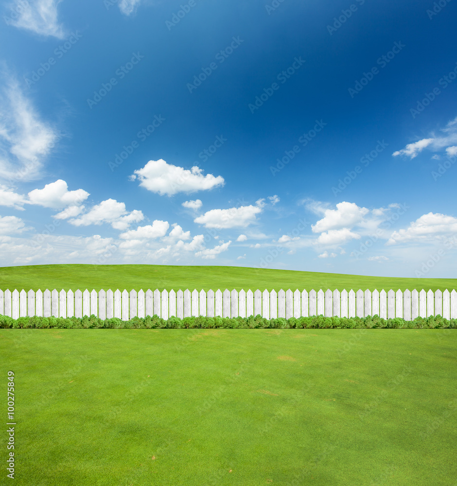 White fences on green grass