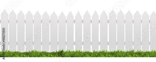 Fotografiet White fence with green grass isolated on white with clipping path
