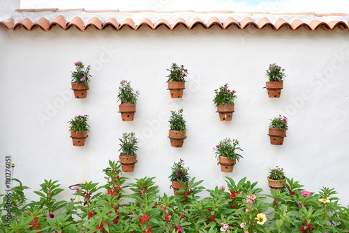 White wall with hanging flower pots