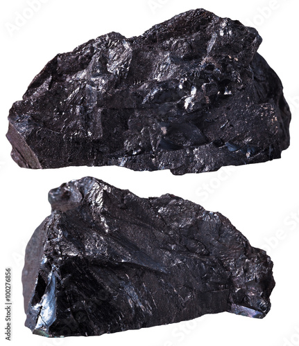 two pieces of black anthracite (coal) mineral