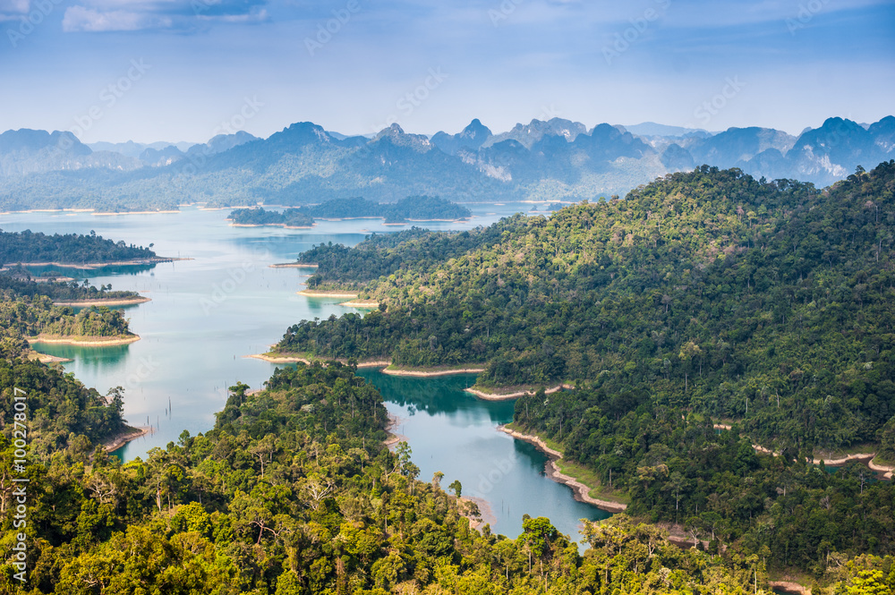 Beautiful mountain top view of Ratchapapha dam at Surat Thani province, Guilin of Thailand.