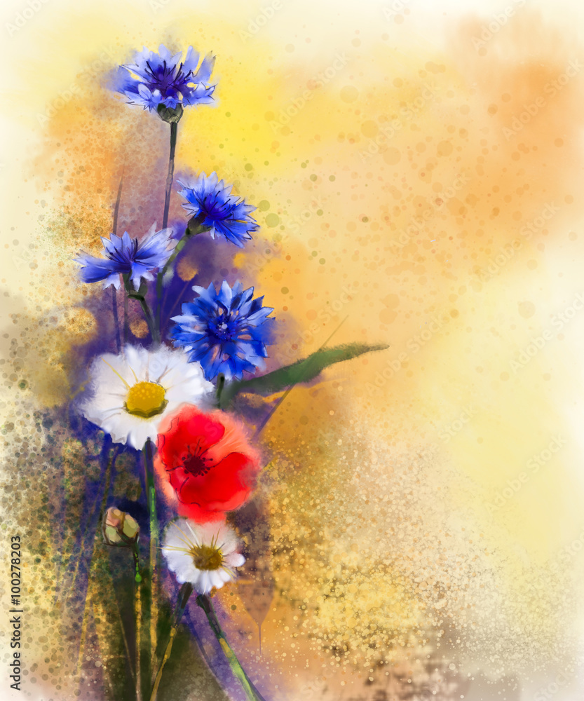 Fototapeta premium Watercolor red poppy flowers, blue cornflower and white daisy painting. Flower paint in soft color and blur style, Soft light yellow brown texture background. Spring floral seasonal nature background