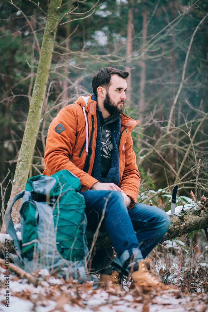 bearded man on the winter forest bearded man on the winter forest