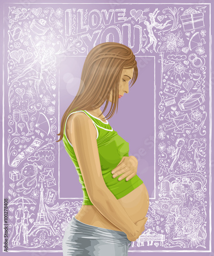 Pregnant Female With Belly Against Love Background