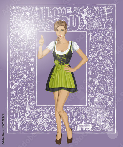 Vector Cute Woman In Drindl Against Love Background