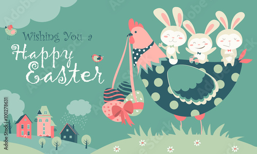 Canvas Print Easter bunnies,chicken and easter eggs