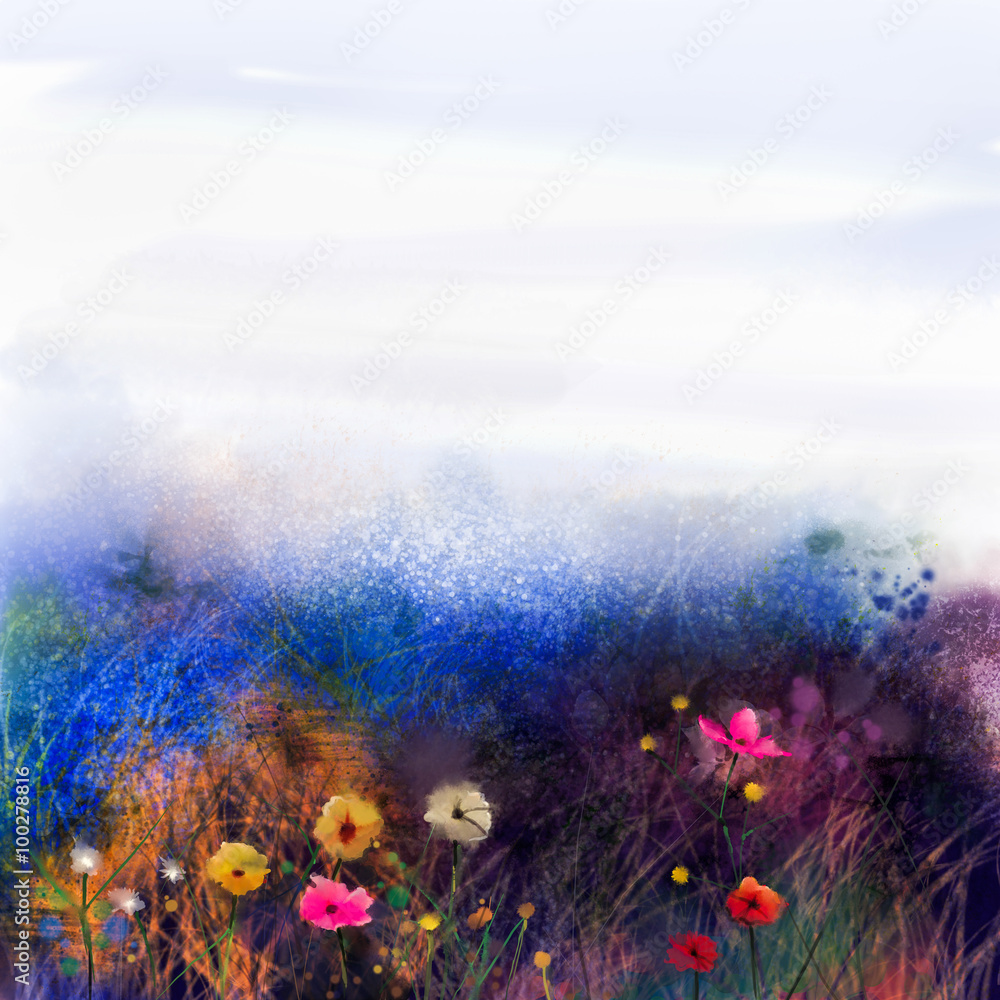 Fototapeta premium Abstract wildflowers, watercolor painting flower in meadows. Hand paint White, Yellow, Pink, Red, daisy gerbera flowers on purple blue grunge color texture background.Spring flower nature background