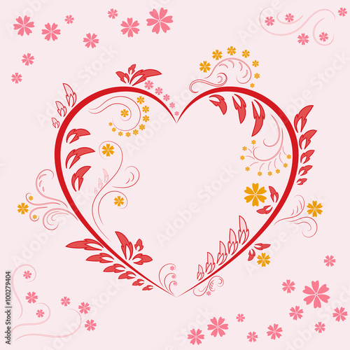 Floral ornament a heart shaped on pink background. Flower Illustration Elements. Beautiful card with tree branches  foliage  butterfly  fantastic flowers. Ornamental element design. 