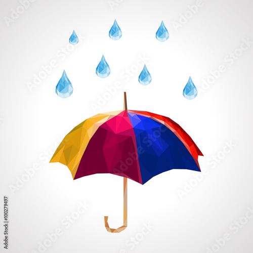 polygon set of umbrella and rain drops for weather forecast blue