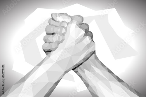 polygonal hand handshake friendly arm wrestling fist up on black