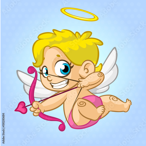 Funny cupid with bow and arrow aiming at someone. Illustration of a Valentine's Day. Vector