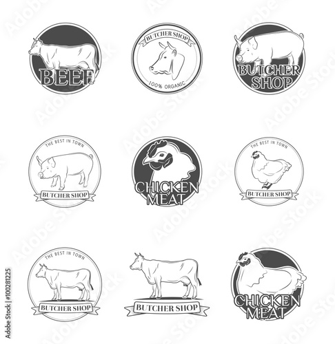 labels and badges with a butcher's shop. chicken, beef, pork.