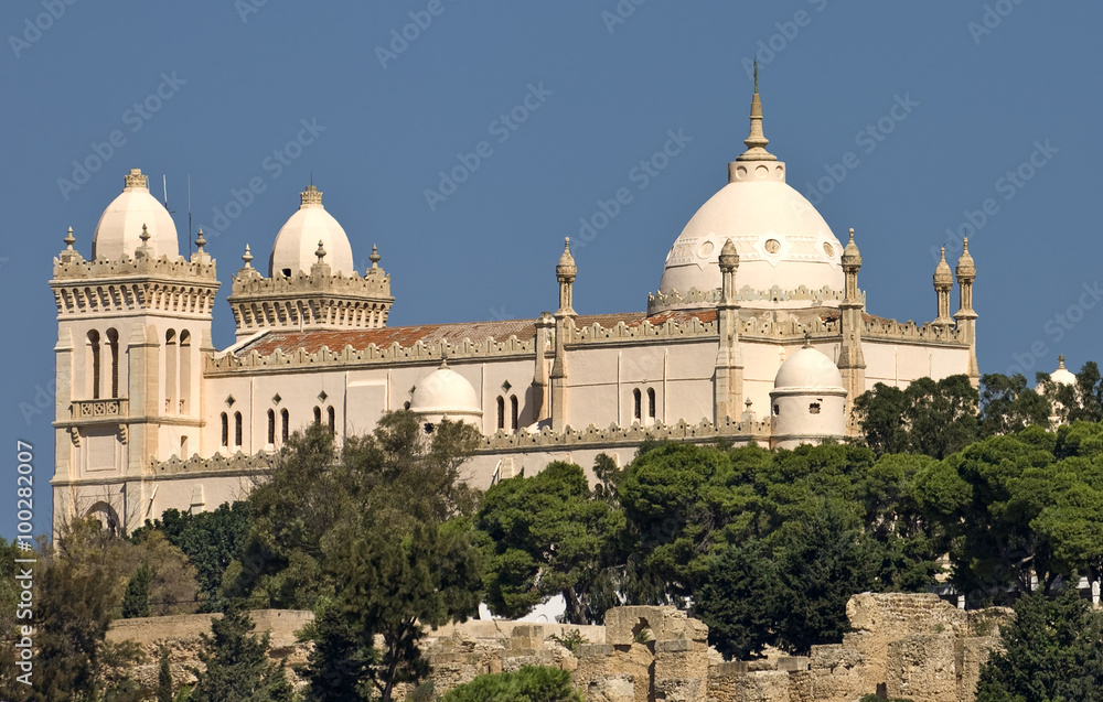 Tunisia. Ancient Carthage - Byrsa hill. Saint Louis cathedral (mixed Gothic and Byzantine styles) seen from the Punic ports. Below ruins of ancient Roman city (forum)