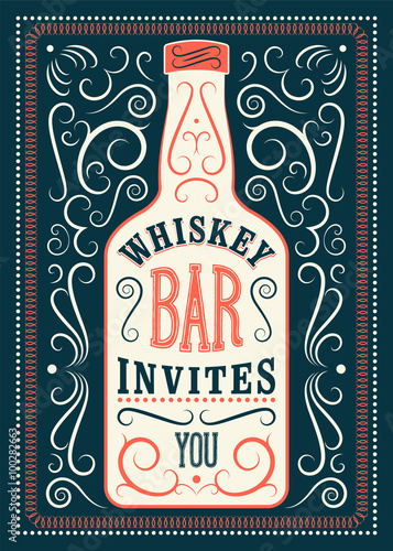Typographic retro design Whiskey Bar poster. Vintage label with stylized whiskey bottle. Vector illustration.
