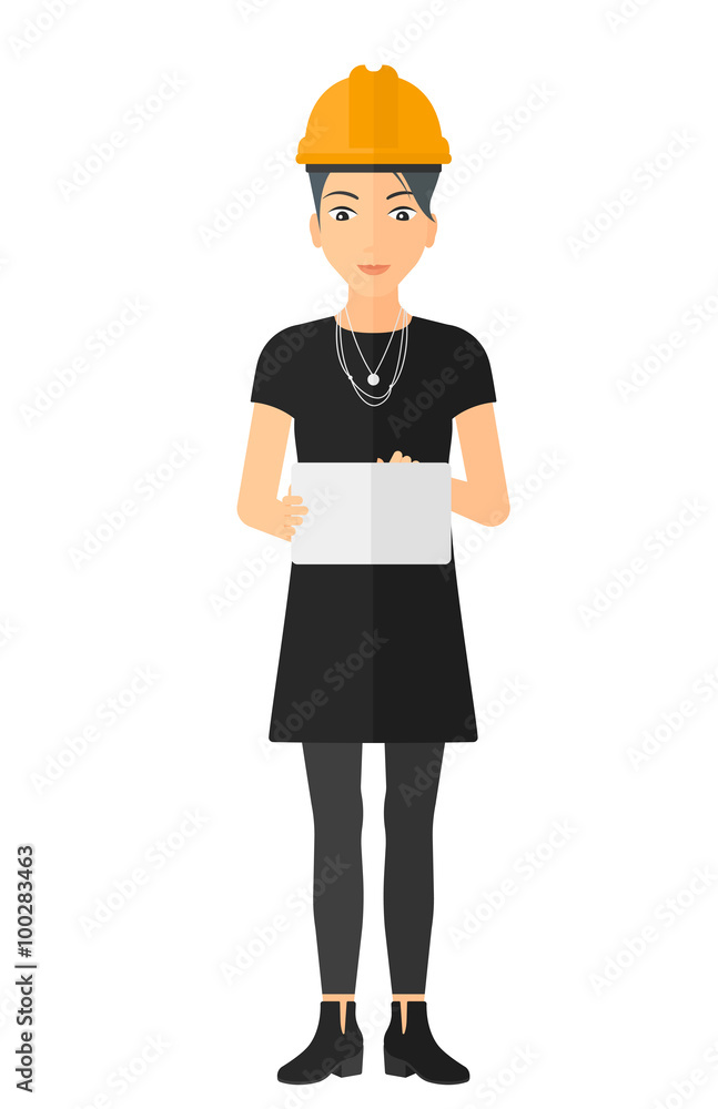 Woman holding tablet.