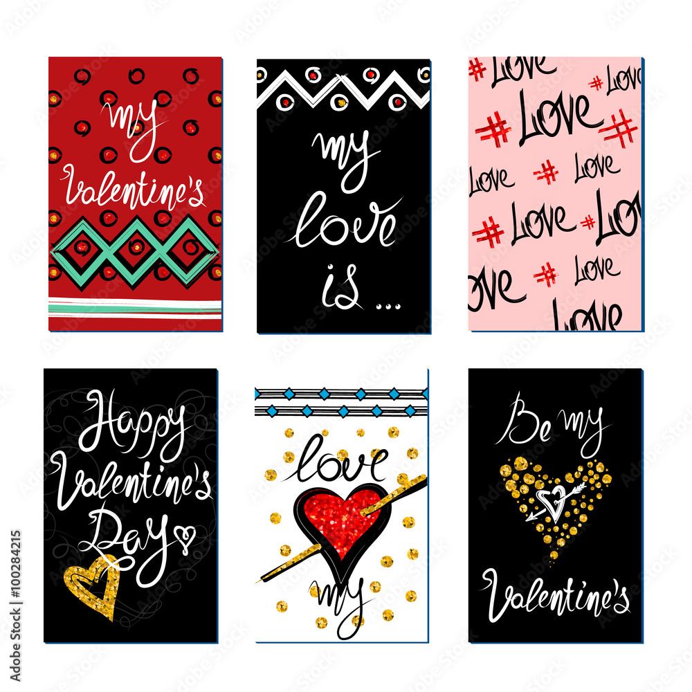 Naklejka premium Set of gold and red texture Valentine's Day greeting card. Stickers and gift tags.