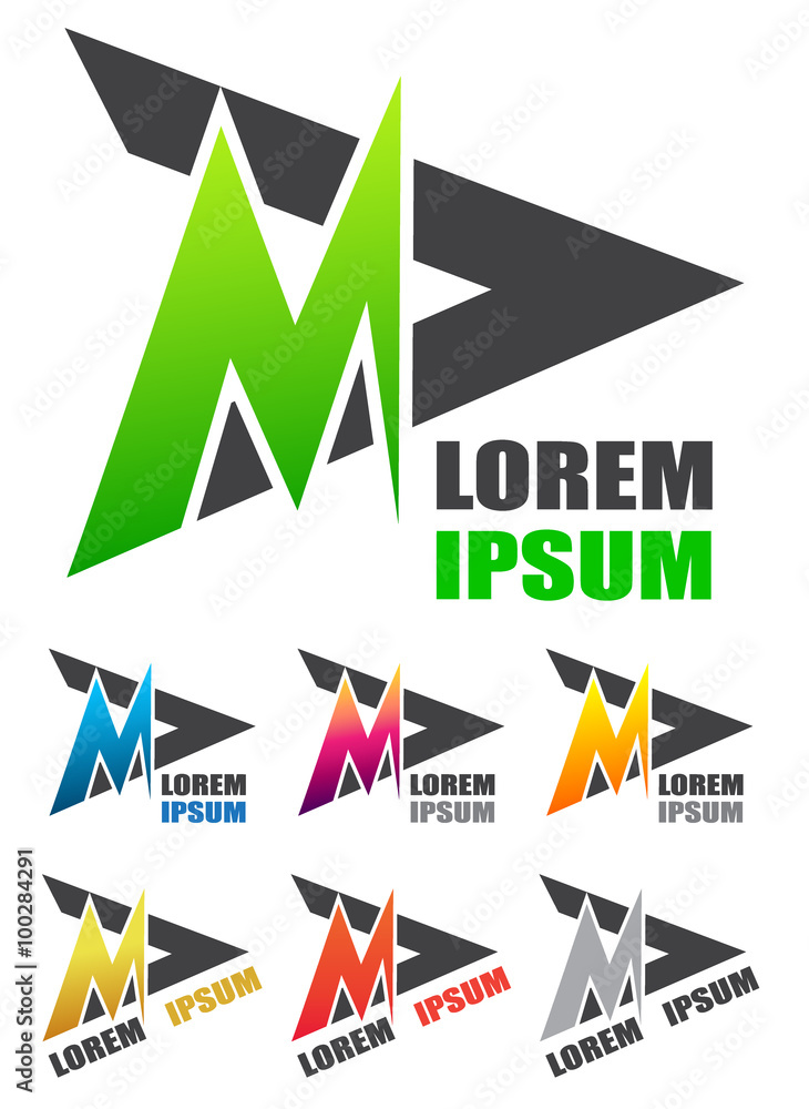 Set of colored logo with arrow and zigzag or letter M Set of colored logo with arrow and zigzag or letter M