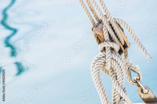 Nautical wood pulley and ropes