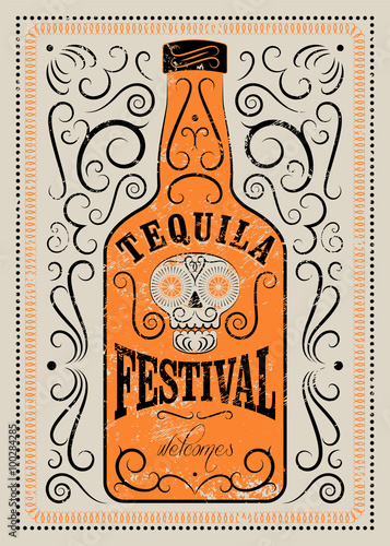 Typographic retro grunge design Tequila Festival poster. Tequila bottle with stylized mexican skull. Vector illustration.