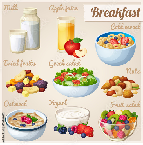 Breakfast 2. Set of cartoon vector food icons. Milk, apple juice, cold cereal, nuts, dried fruits, greek salad, oatmeal, yohurt, fruit salad. 