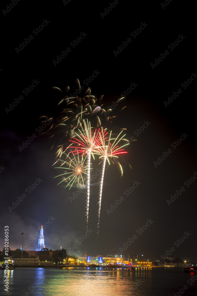 Firework at Wat arun under new year 2016 celebration time, Thail