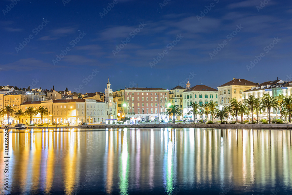 Cityscape of old traditional city Split, night scene. / Waterfront view at old, traditional city Split in Croatia. Cityscape photography during night, long exposure.