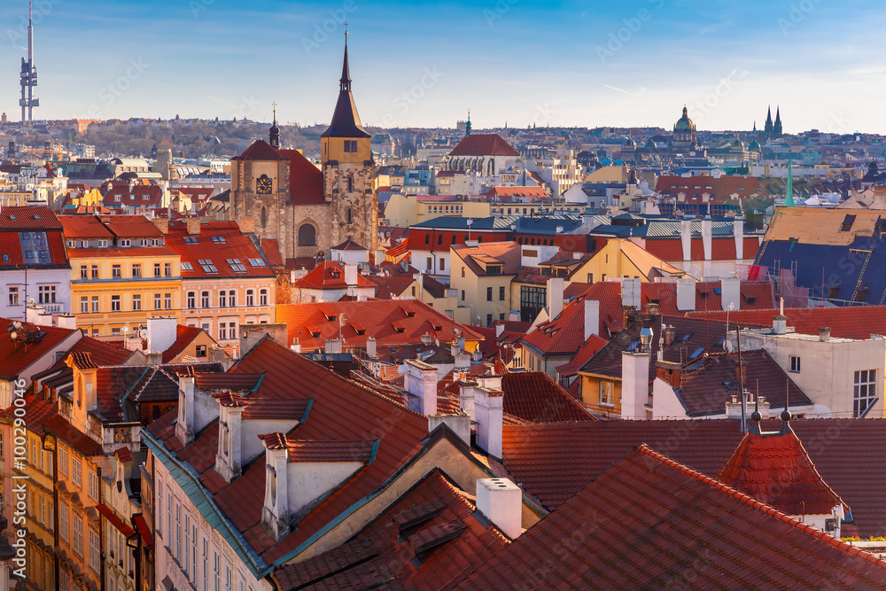 Aerial view over Old Town in Prague with domes of churches, Czech Republic 