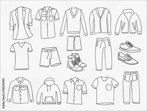 MInimalistic Men clothes and shoes illustrations icons  thin line style on the white background