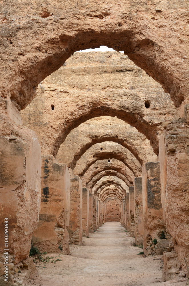 Meknes, Morocco - December 27, 2015: Moulay Ismail’s immense granaries and stables, Heri es-Souani in Meknes, Morocco. 