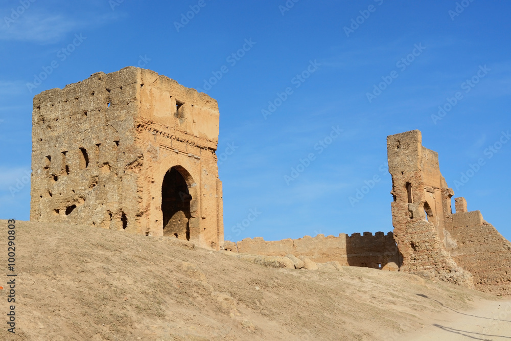 Fez, Morocco - December 28, 2015: Ruins of Merinid Tombs on the hill above old medina in Fes, Morocco